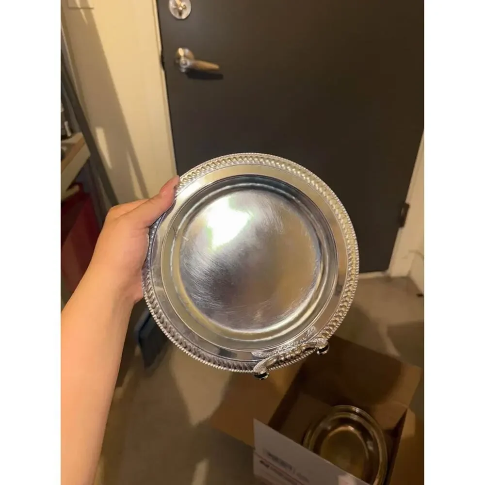 Vintage Silver-Toned Round Serving Tray with Ornate Handle